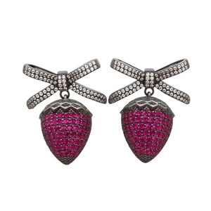 Vintage silver needle strawberry bow earrings with pink stones and micro-pave zircons