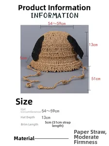 Size chart for handmade straw bucket hat showing 54-59cm circumference and 13cm depth
