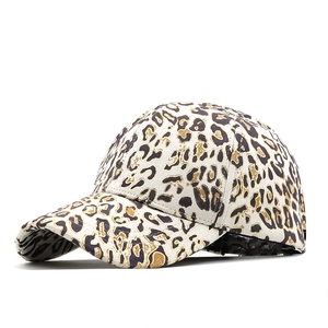 Fashionable leopard print baseball cap in beige faux suede with gold foil accents