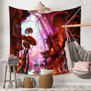 Detailed view of bohemian mushroom forest tapestry with vibrant digital printing texture