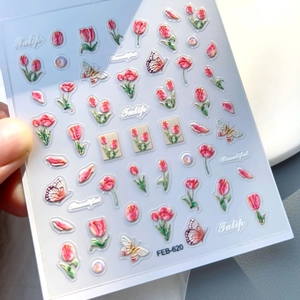 5D-geprägte Tulpen-Nagelaufkleber mit rosa Blumenmustern und Schmetterling-Motiven