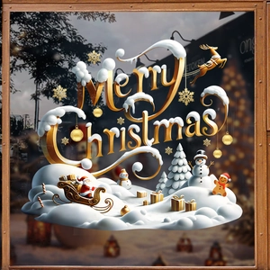 Golden 3D Merry Christmas window stickers with Santa, snowman and snowflake decorations