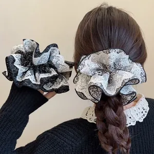 Chouchous À Fleurs En Dentelle Surdimensionnés Rétro Français Tissu Élastiques Liens À Cheveux Élégants Pour Femmes