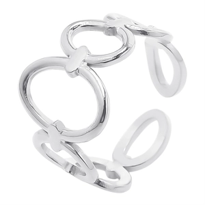Detailed view of silver interlocking hollow rings with adjustable open band structure