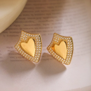 Elegant 18K gold plated heart stud earrings with sparkling cubic zirconia pavé