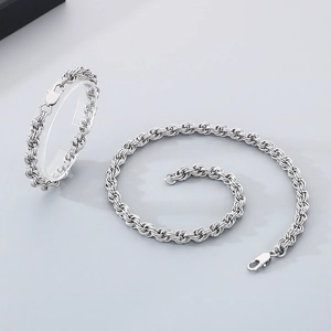 Detailed set of silver stainless steel twisted cable chain necklace and bracelet