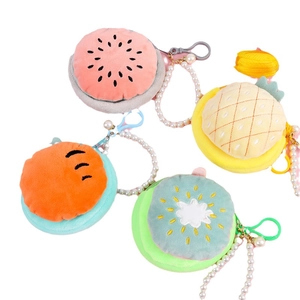 Cute plush fruit coin purses in watermelon, pineapple, and kiwi styles with pearl chains