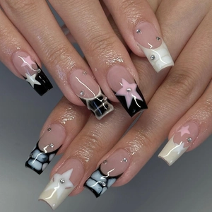 French Press On Nails Ballet Coffin False Nails Rhinestone Stars Pattern Pink Black White Manicure For Women