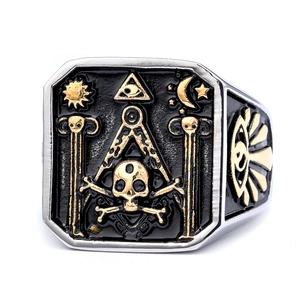 Two-tone stainless steel skull ring with masonic symbols and eye of providence motif