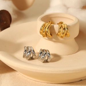 Minimalist 18K gold plated stainless steel triple band C-shape hoop earrings for women