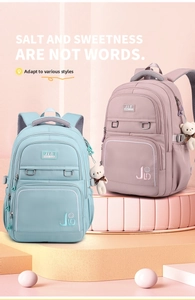 Detail of waterproof school backpack with multiple zipper pockets and plush bear charm