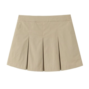Khaki high-waisted pleated mini skirt with utility style design in a flat lay view