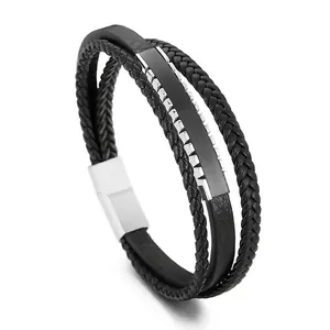 Men Multi-Layer Braided Leather Bracelet Stainless Steel Magnetic Buckle Punk Style Vintage Genuine Cowhide Rope Bangle