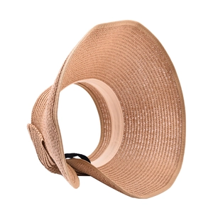 Women's straw sun visor hat with wide brim in natural light brown for beach UV protection