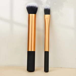 Professional dual makeup brush set with fluffy powder brush and flat detail brush