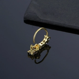 Elegant gold nose ring hoop with clear zircon stones and a dainty butterfly pendant