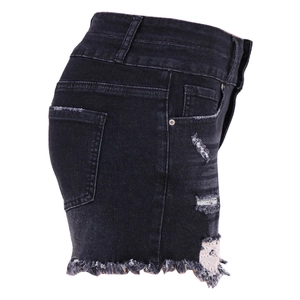 Vue détaillée du short en jean noir taille haute avec déchirures et ourlets effilochés