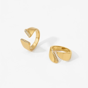 Minimalist gold plated stainless steel open rings with asymmetric diamond paved edges