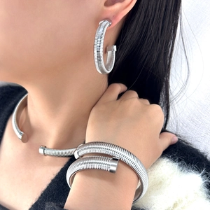 Détails de l'ensemble collier, boucles d'oreilles et bracelet en acier argenté torsadé