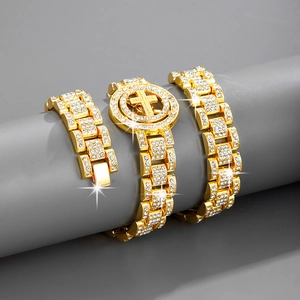 Men Hip Hop Jewelry Iced Out Rhinestone Cross Circular Rotating Pendant Necklace And Bracelet Bling Chain