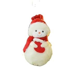Plush snowman Christmas tree hanging ornament with red scarf and holiday stocking details