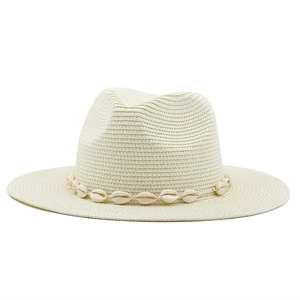 Classic cream woven panama hat with white shell headband and flat wide brim for sun protection