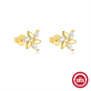 Elegant S925 sterling silver flower earrings with cubic zirconia and gold plating