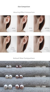 Detailed comparison of white and pink pearl earrings in various sizes on model and plush