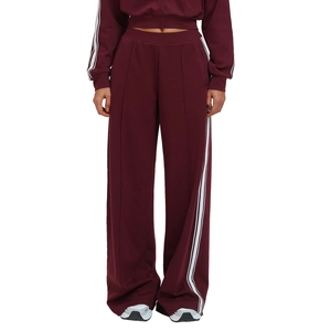 Deep red high-waisted wide-leg sweatpants with contrast white side stripes for sports