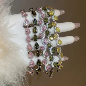 Elegant pear-cut zircon bracelets in pink, green, yellow and purple with halo setting