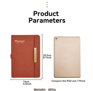 Size comparison of brown faux leather 2025-2026 planner with a 7.9-inch tablet