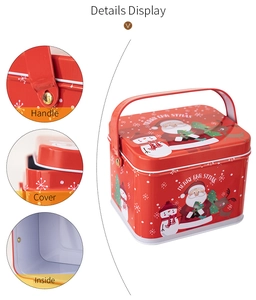 Detailed views of red Christmas tin box showing metal handle, lid and silver interior