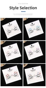 Detail view of 2x3 grid showing six colors of self-adhesive face gems on white backing cards