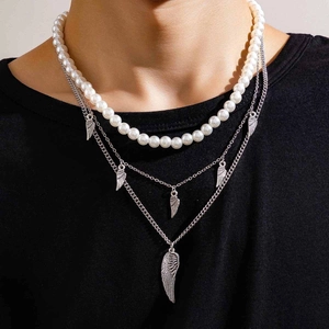 Multi-layer Necklace With White Imitation Artificial Pearls And Alloy Iron Chains Silver Wing Pendants Fashion For Men