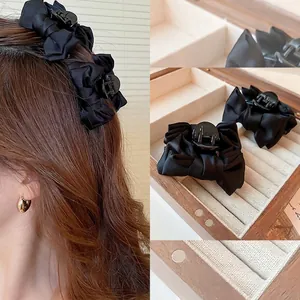Molletta Per Capelli Con Fiocco In Raso Nero Elegante Nastro In Tessuto Acrilico Fermaglio Moda Per Donne Ragazze