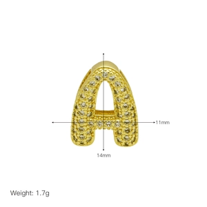 Detail of gold letter A pendant with cubic zirconia, showing 14mm x 11mm dimensions