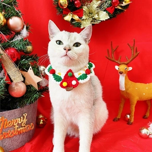 Handmade knitted Christmas pet collar with tree charm on a festive cat in red setting
