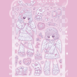 Detail of pink anime angel and nurse rabbit stickers for planners and journaling