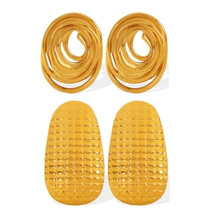 Spiral hoop and textured oval gold titanium steel earrings set on white background