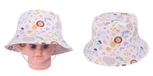 Detail of kids bucket hat with animal prints and adjustable chin strap on white background