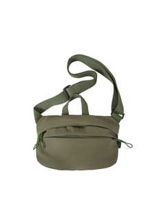 Army green nylon crossbody chest bag with adjustable wide strap and zip pocket