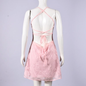 Detail of pink floral lace dress featuring backless design with crisscross straps