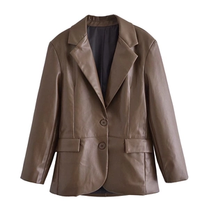 Oversized brown faux leather blazer with notched lapels and two-button closure for women