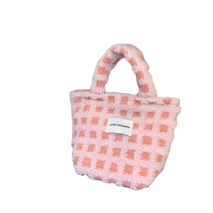 Pink fleece waffle checkerboard tote bag with cute love label and soft texture