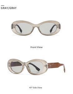 Front and 45-degree side view of oval retro sunglasses in translucent gray frame