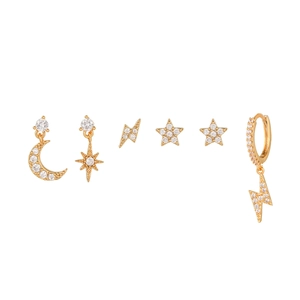 18K gold plated celestial earring set with star, moon, lightning charms and zircon stones