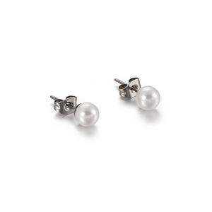 Classic round white pearl stud earrings with polished silver metal posts on white background