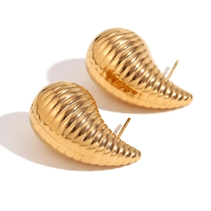 Minimalist 18K gold plated stainless steel stud earrings with hollow spiral waterdrop design