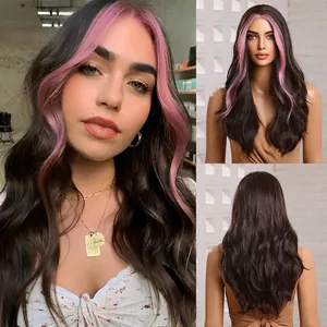 Detail of long wavy synthetic wig with ombre dark brown and pink money piece highlights