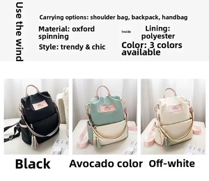 Oxford fabric backpack in black, avocado, and cream colors with tassel charm